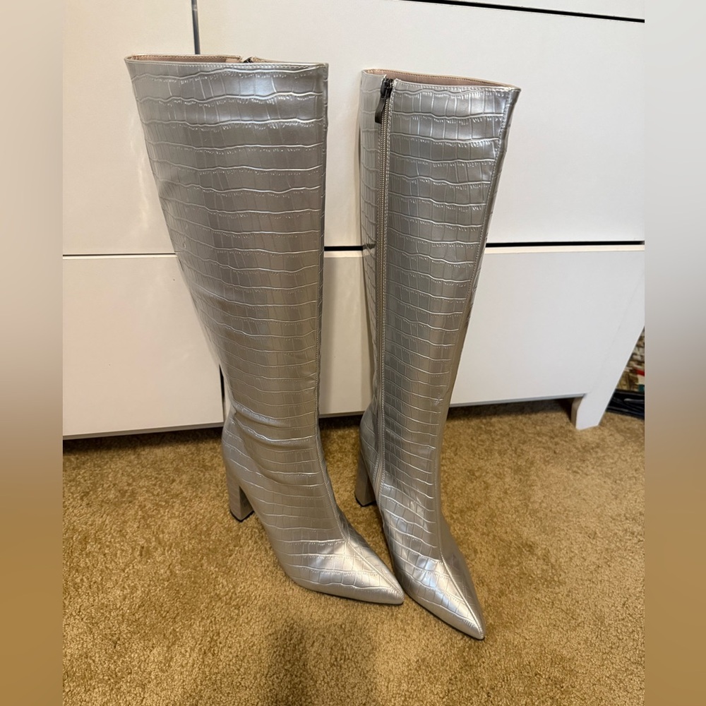 Silver Knee-High Croc-Embossed Boots